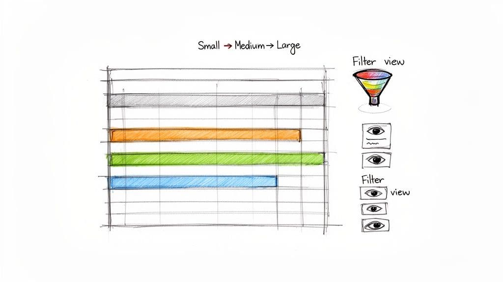 A hand-drawn sketch displaying a bar chart with colored bars ordered by size, alongside filter view icons.