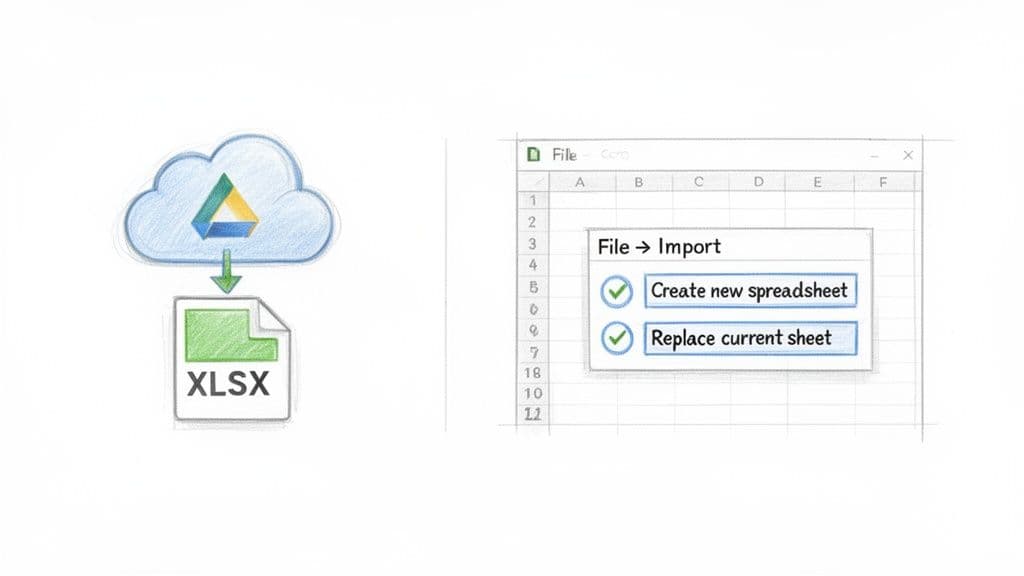 Illustration of importing an XLSX file from Google Drive into a spreadsheet, offering new sheet or replace options.