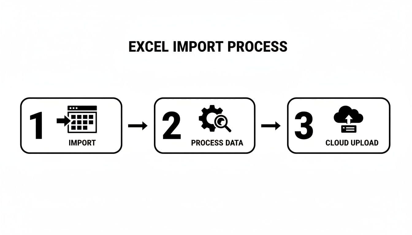 Diagram showing the Excel import process flow with steps: Import, Process Data, Cloud Upload.