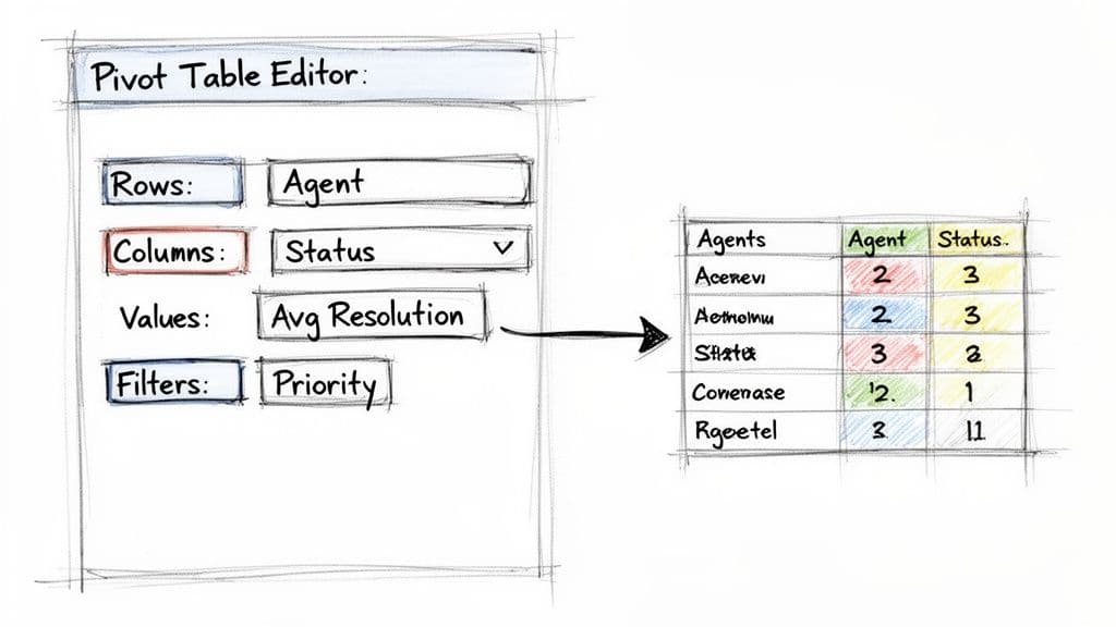 A hand-drawn sketch of a Pivot Table Editor interface showing rows, columns, values, and filters, generating a pivot table.
