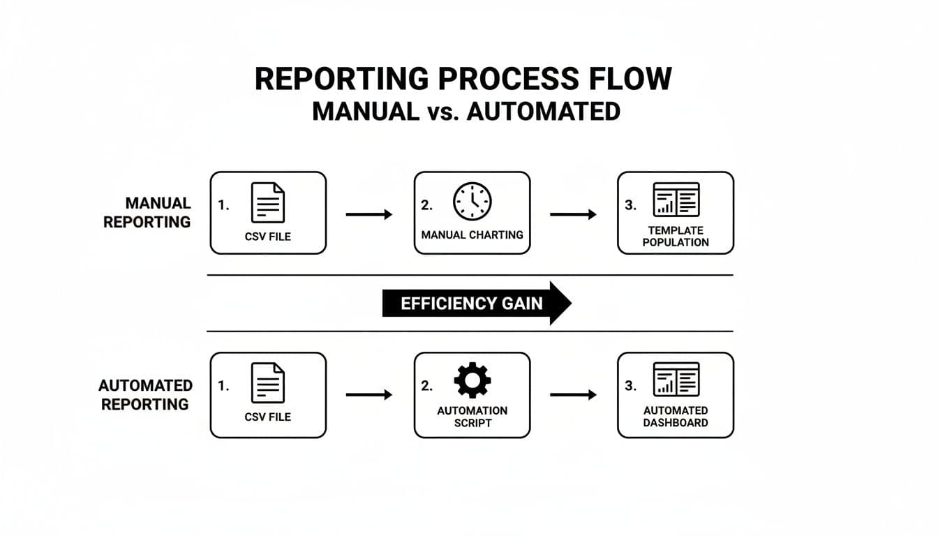 Flowchart comparing manual reporting steps (CSV, manual charting, template population) with automated reporting (CSV, automation script, automated dashboard).