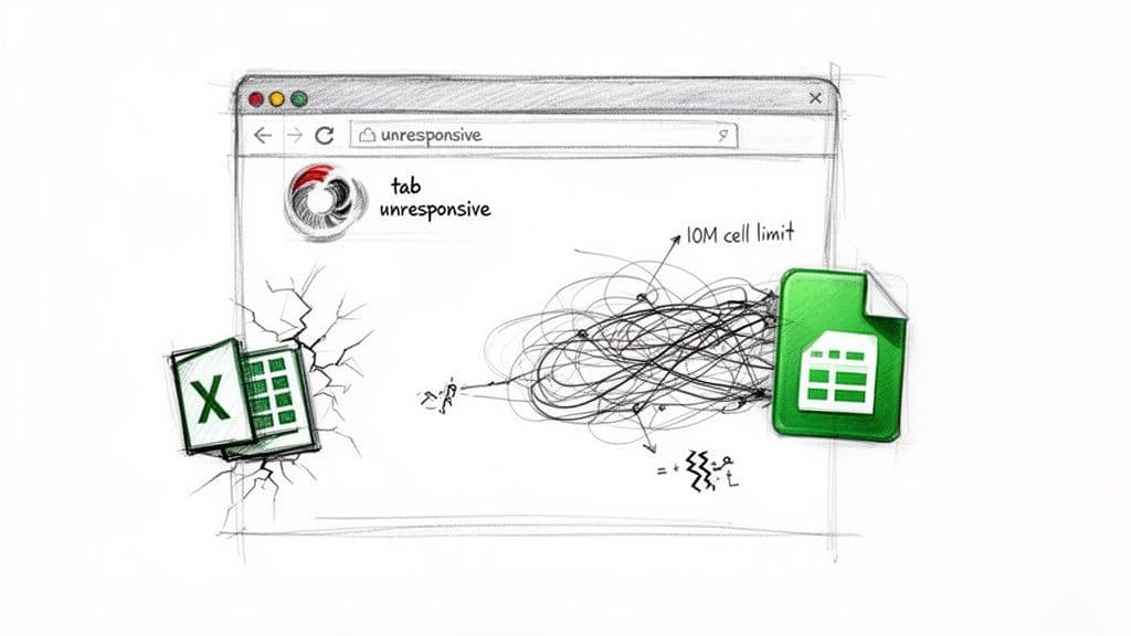 Browser tab unresponsive due to large Excel files, transitioning data to Google Sheets' higher limit.