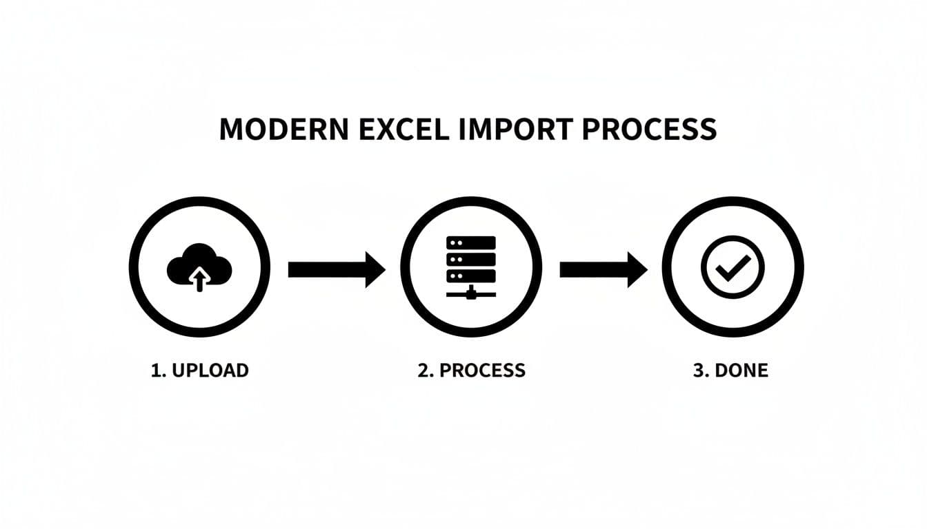 A modern Excel import process flowchart illustrating three steps: upload, process, and done.