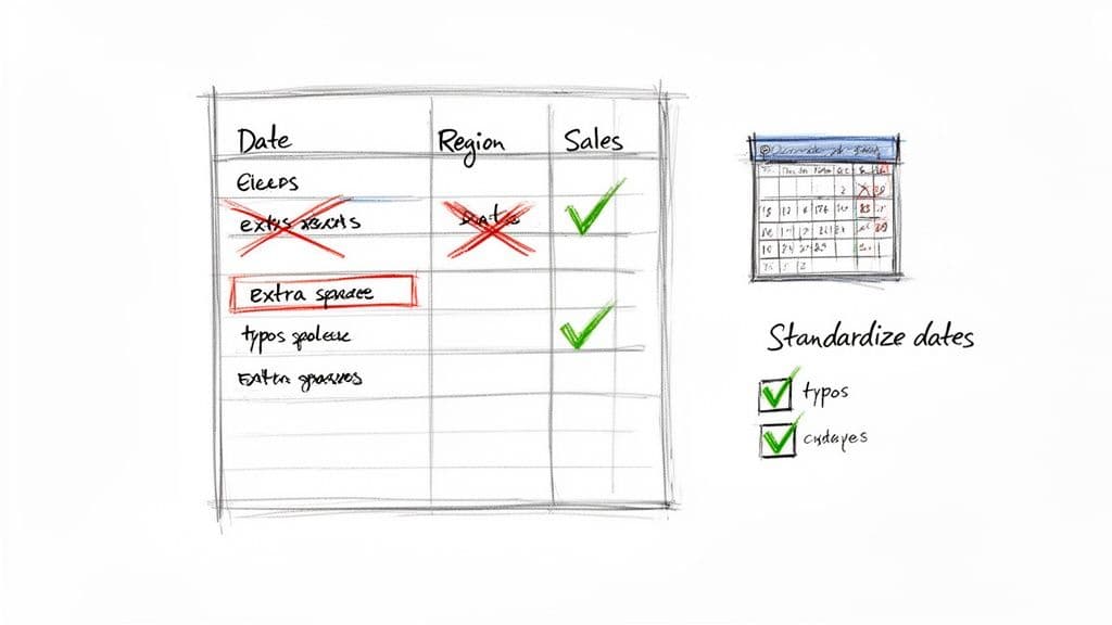 Hand-drawn sketch illustrating data cleaning and standardization, showing corrections for dates and typos in a table.