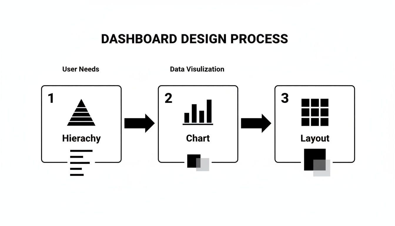 Infographic illustrating the dashboard design process with steps: Hierarchy, Chart, and Layout.
