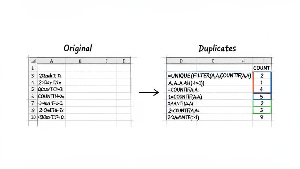 Spreadsheet example demonstrating how to find and count duplicate values using formulas like UNIQUE and COUNTIF.