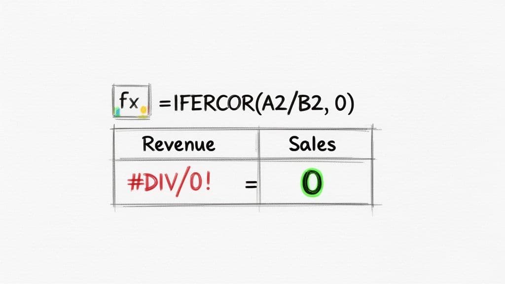 A spreadsheet demonstrating the IFERROR function to handle a division by zero error, returning 0.