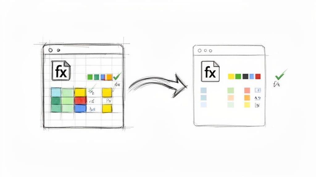 Before and after sketches illustrating spreadsheet data transformation or import process.