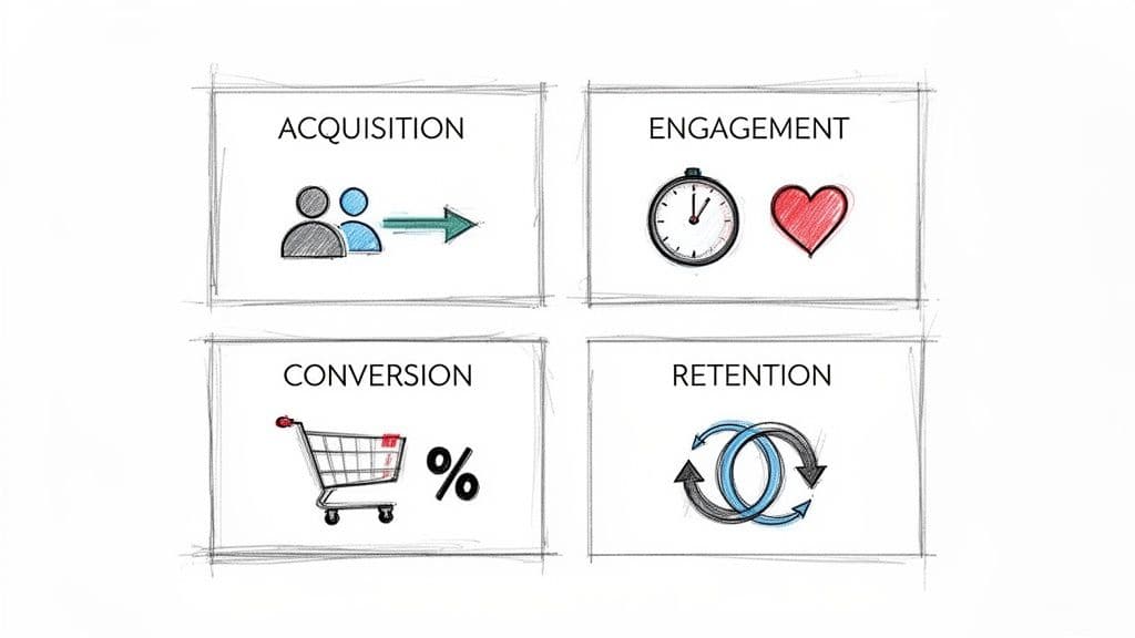 A visual representation of the customer journey stages: acquisition, engagement, conversion, and retention.