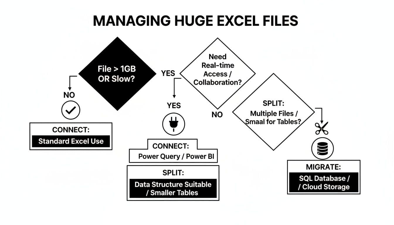 A flowchart detailing strategies for managing large or slow Excel files, offering solutions like Power BI or database migration.