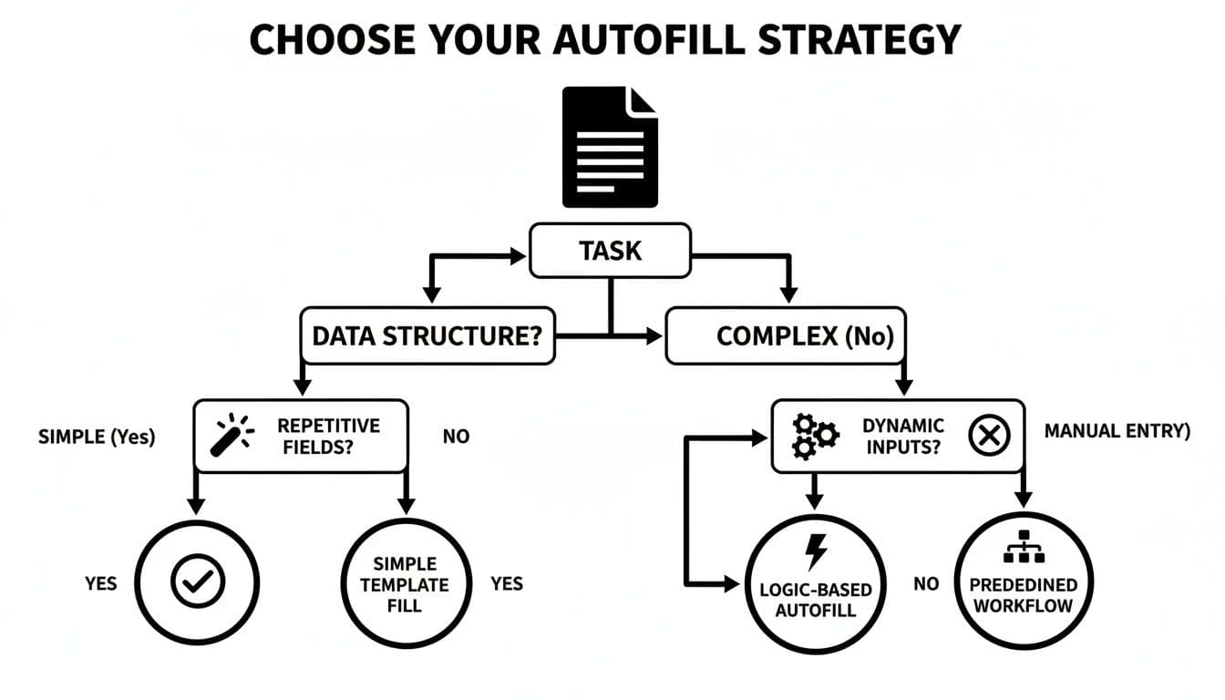 Flowchart illustrating different autofill strategies based on task complexity and data structure.