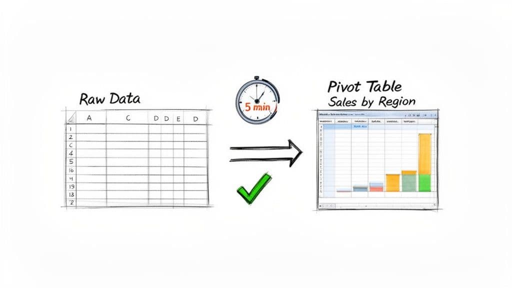 Illustration showing raw data from a spreadsheet being transformed into a sales by region pivot table chart in 5 minutes.