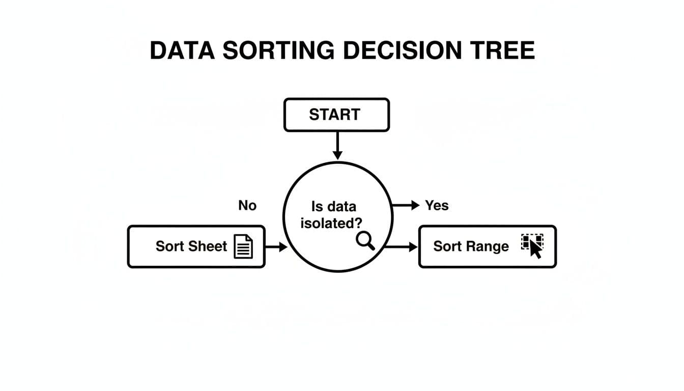 Decision tree flowchart for data sorting: Start -> Is data isolated? No to Sort Sheet, Yes to Sort Range.