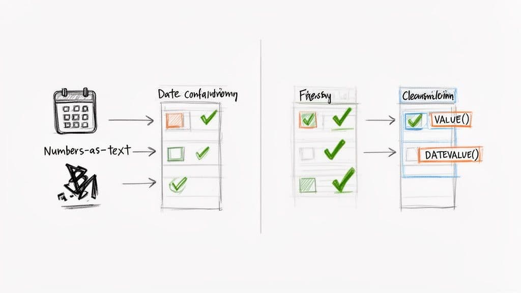 Diagram showing data conversion from raw inputs (calendar, numbers-as-text) to structured values using VALUE() and DATEVALUE().