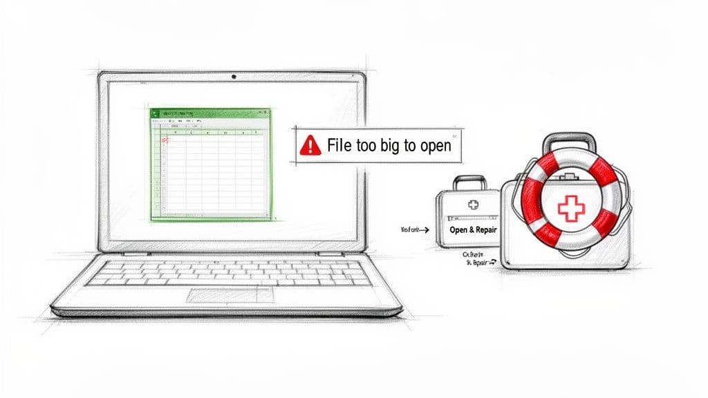Illustration of a laptop showing an Excel 'file too big to open' error, with repair kits suggesting a fix.