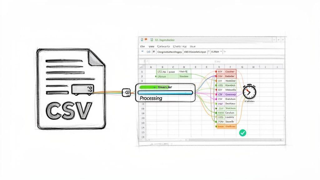Illustration showing a CSV file being processed and analyzed within a spreadsheet interface, with data connections.