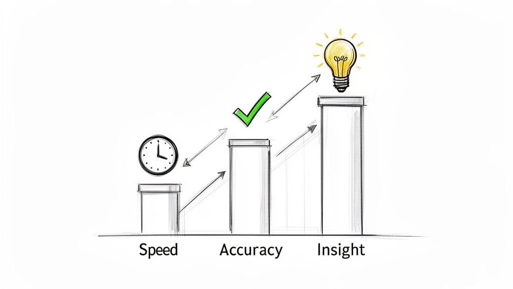 Bar chart illustrating the progression from speed to accuracy to insight, represented by a clock, checkmark, and lightbulb.