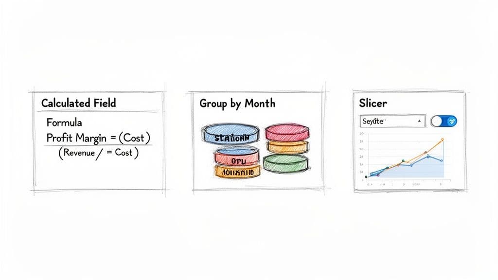 Three whiteboard sketches illustrating data analysis concepts: calculated fields, grouping by month, and an interactive data slicer with a line chart.
