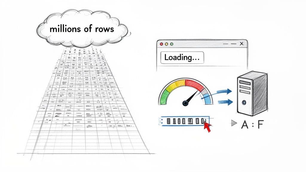 Illustration of millions of data rows from a cloud loading slowly into a server, showing high processing load.