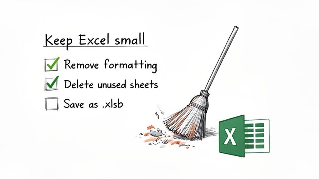 A checklist titled 'Keep Excel small' with tips like removing formatting and deleting unused sheets, next to a broom and Excel icon.