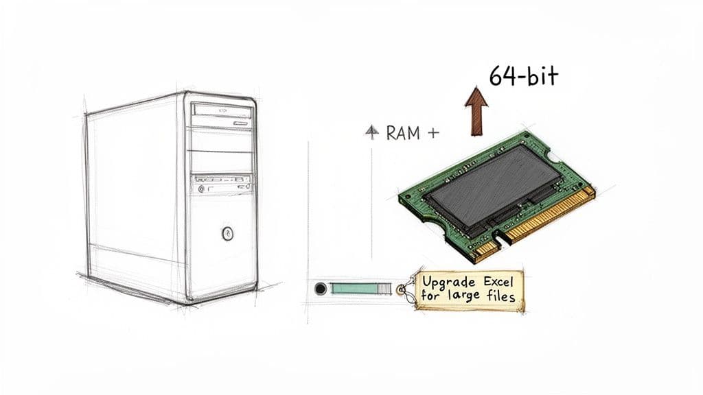 A sketch illustrating a computer upgrade with more RAM and 64-bit software for large Excel files.