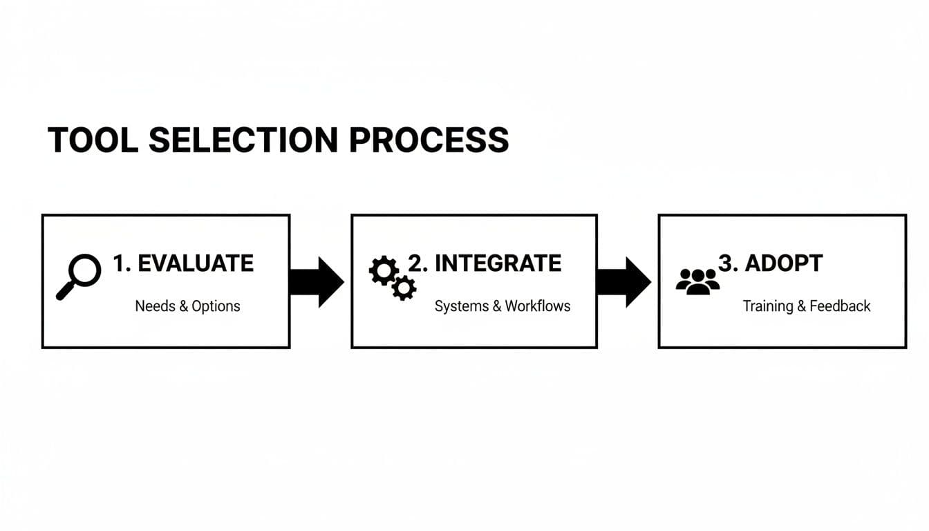 A three-step tool selection process diagram: evaluate needs, integrate systems, and adopt with training.