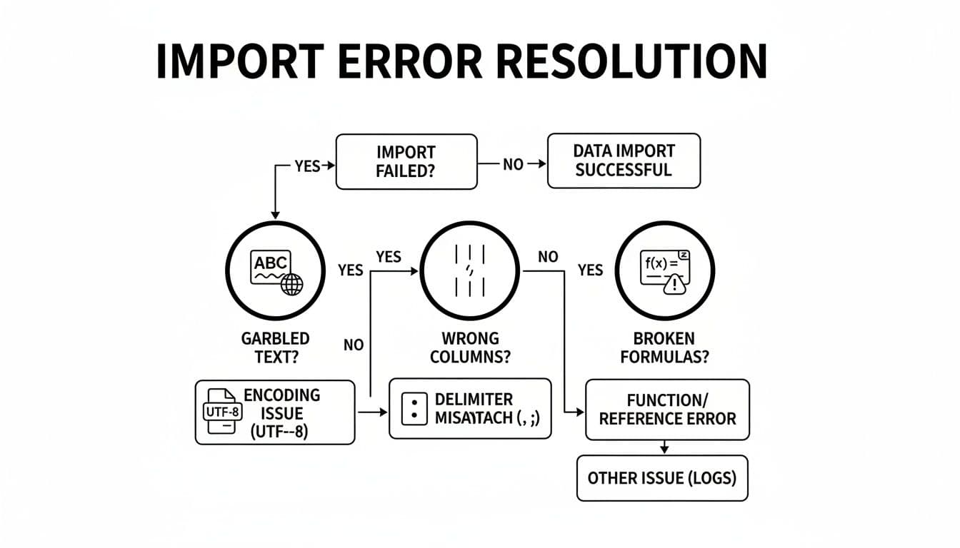Flowchart detailing import error resolution steps, including checks for encoding, delimiters, and formula issues.