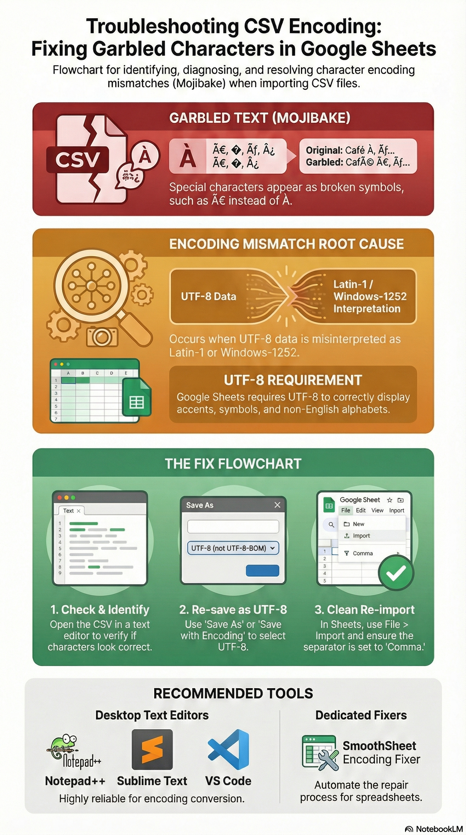 CSV encoding issues troubleshooting — UTF-8 vs Latin-1 diagnosis and fix flowchart