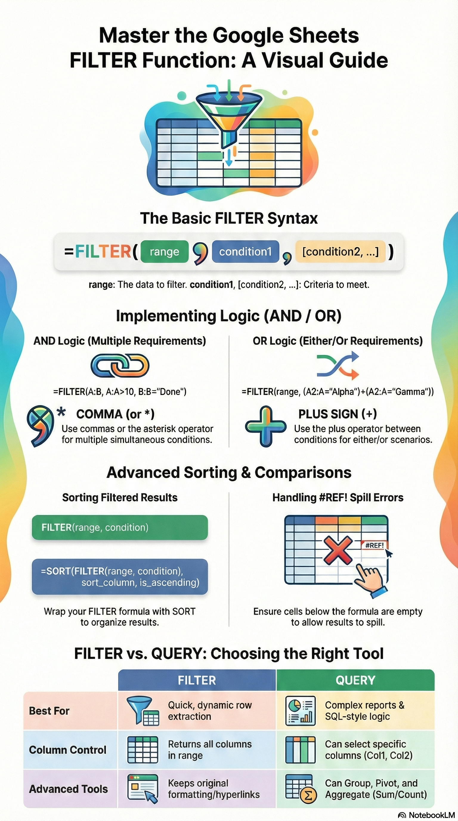 FILTER function Google Sheets visual guide — AND/OR logic, sorting results, FILTER vs QUERY