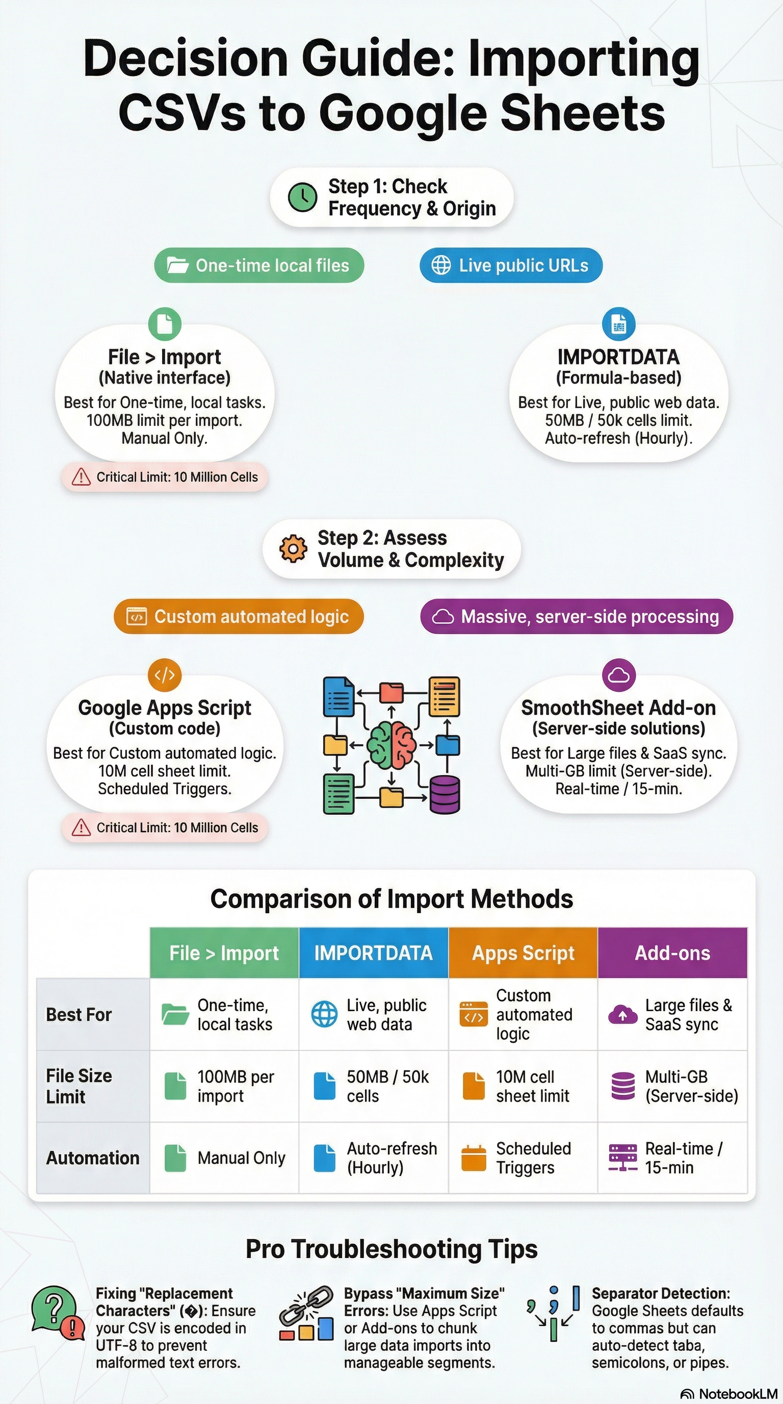 How to import CSV to Google Sheets — 4 methods decision tree with file size limits and automation support