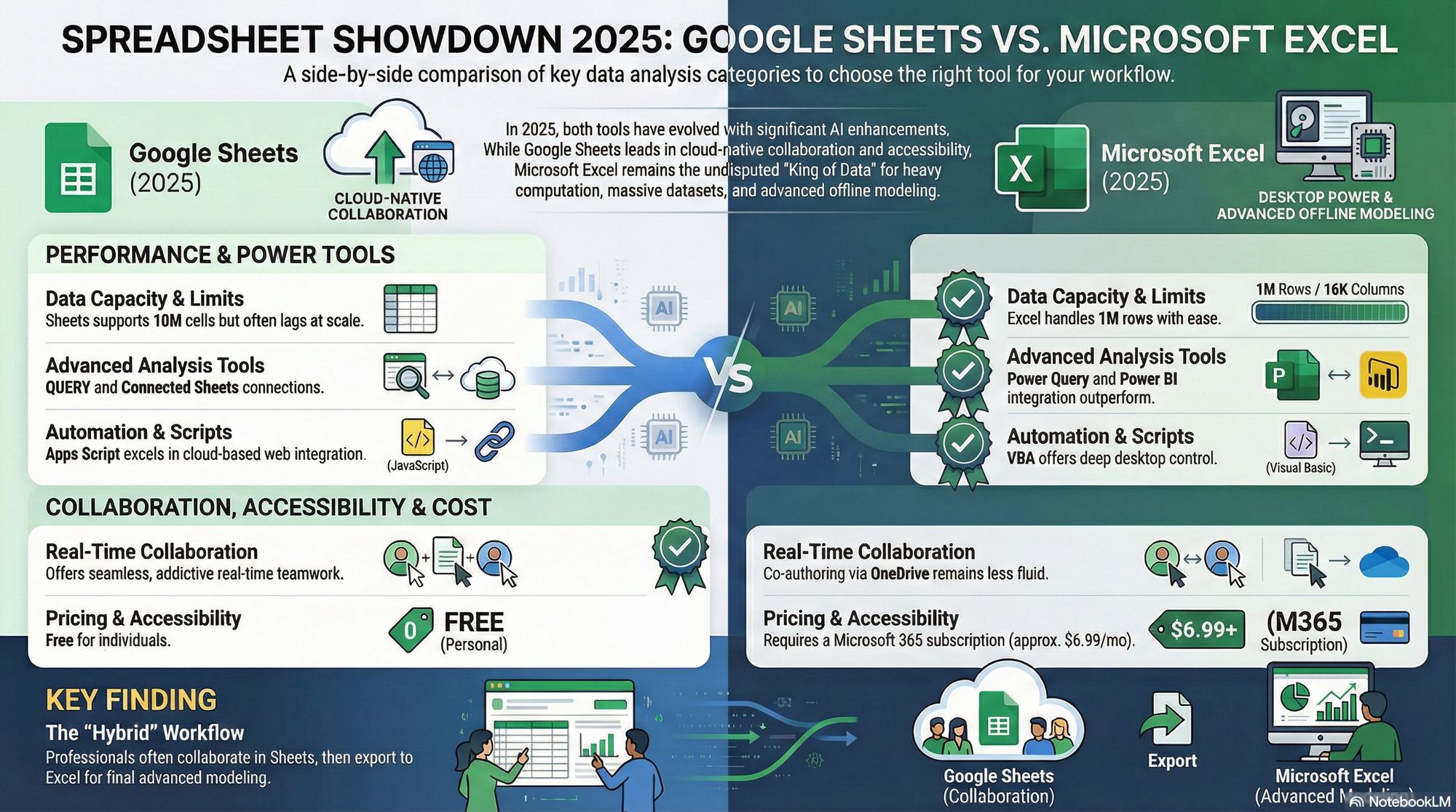 Google Sheets vs Excel for data analysis — side-by-side comparison of data limits, collaboration, analysis tools, and pricing