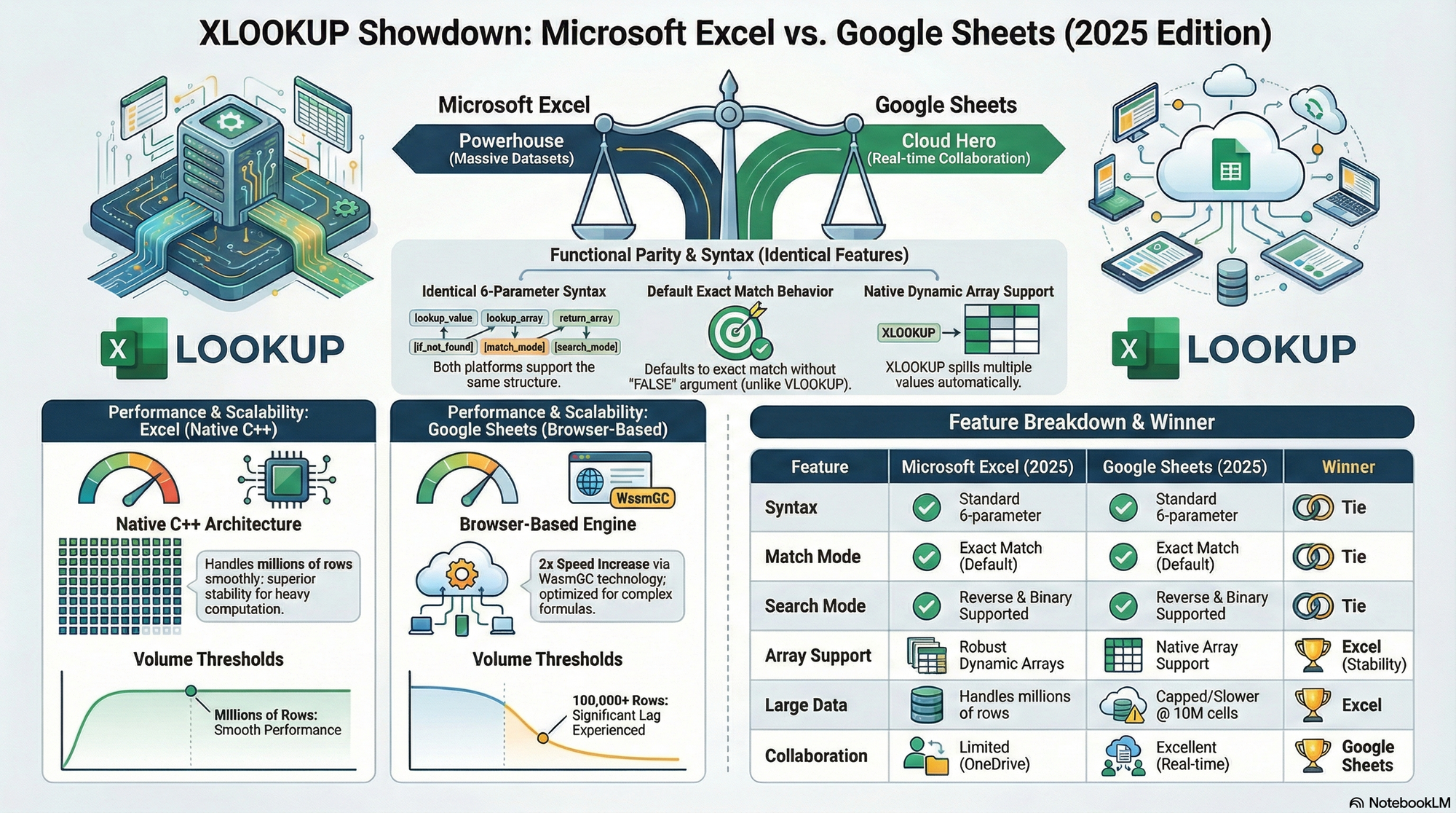 XLOOKUP in Excel vs Google Sheets — feature-by-feature comparison of syntax, defaults, and search modes